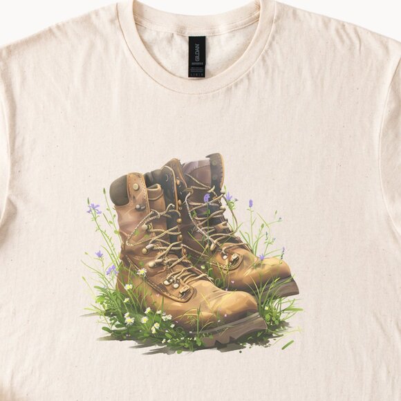 Boots and Wildflowers Tee Nature Hiker Shirt Gift - Picture 2 of 6
